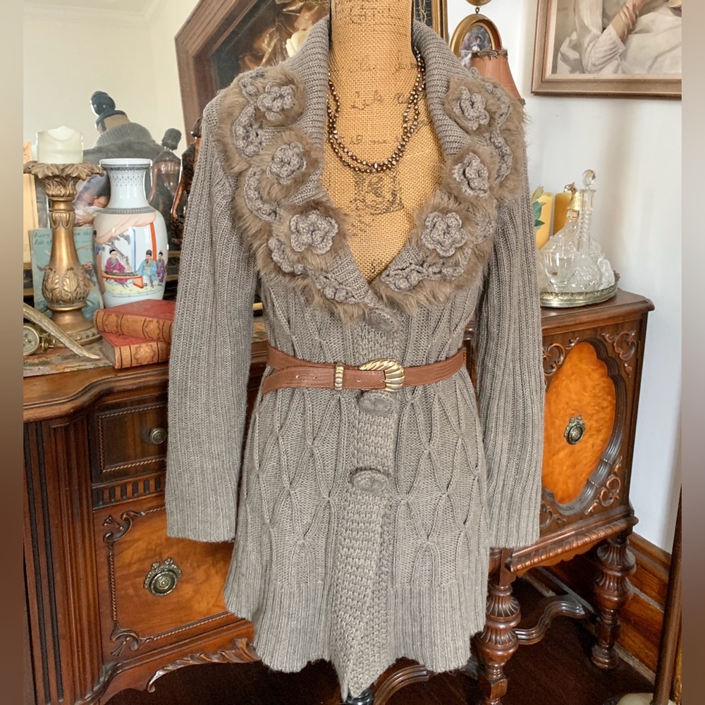 Vintage Old-World Victorian-inspired Faux Fur Cottagecore Boho Sweater Cardigan